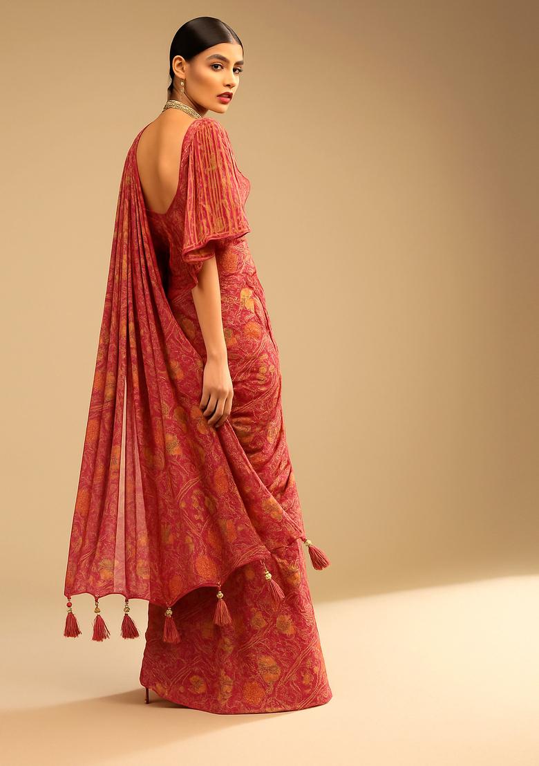 Pink Printed Georgette Pre Draped Saree Set - Indya