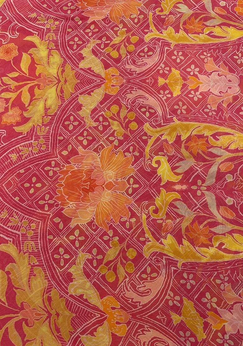 Pink Printed Georgette Pre Draped Saree Set - Indya