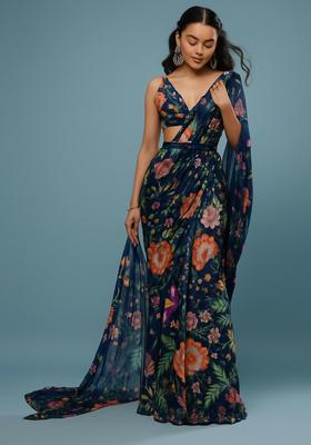 Blue Printed Pre Draped Saree Set