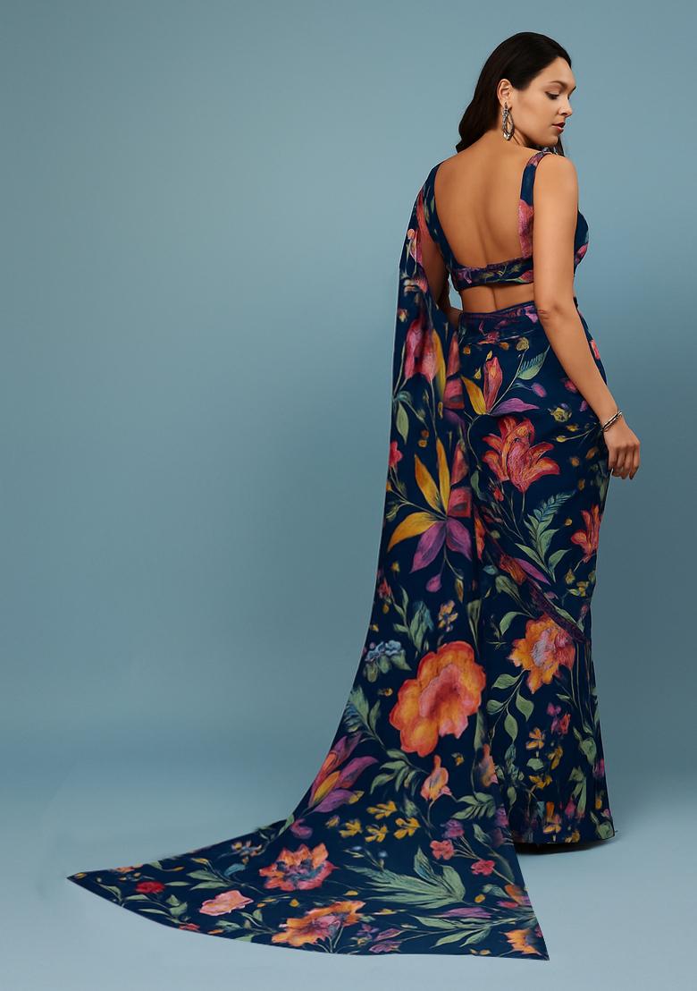 Blue Printed Pre Draped Saree Set - Indya