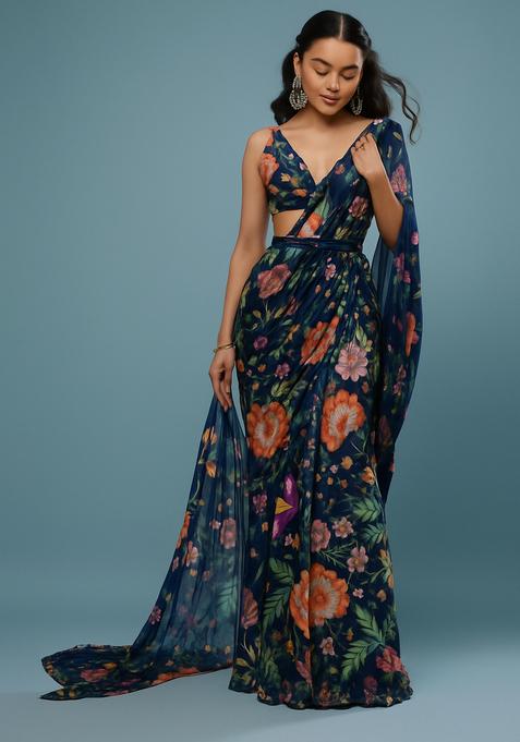 Blue Printed Pre Draped Saree Set