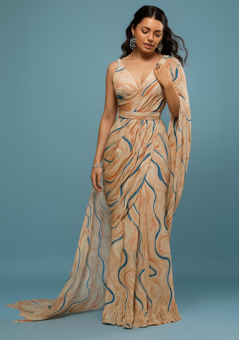 Cream Printed Pre Draped Saree Set