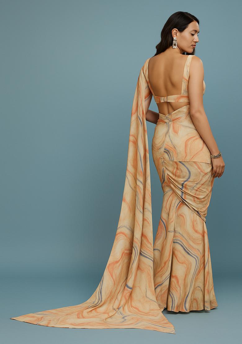 Cream Printed Pre Draped Saree Set - Indya