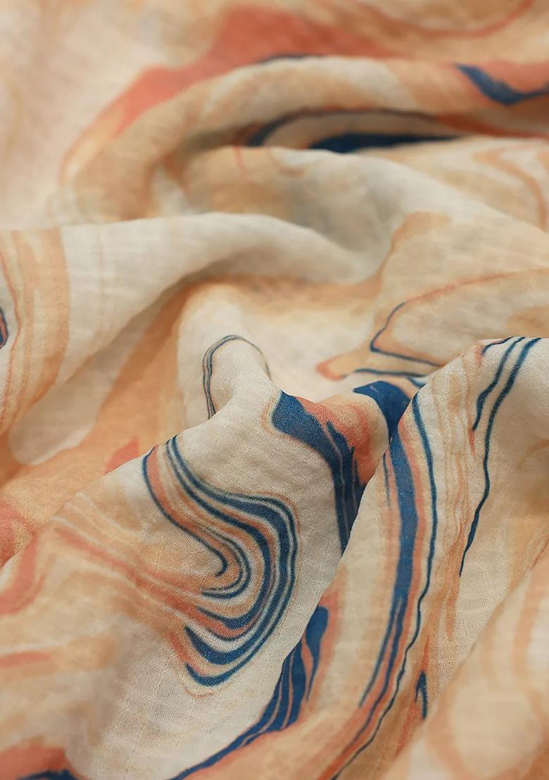 Cream Printed Pre Draped Saree Set