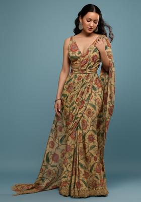 Beige Printed Pre Draped Saree Set