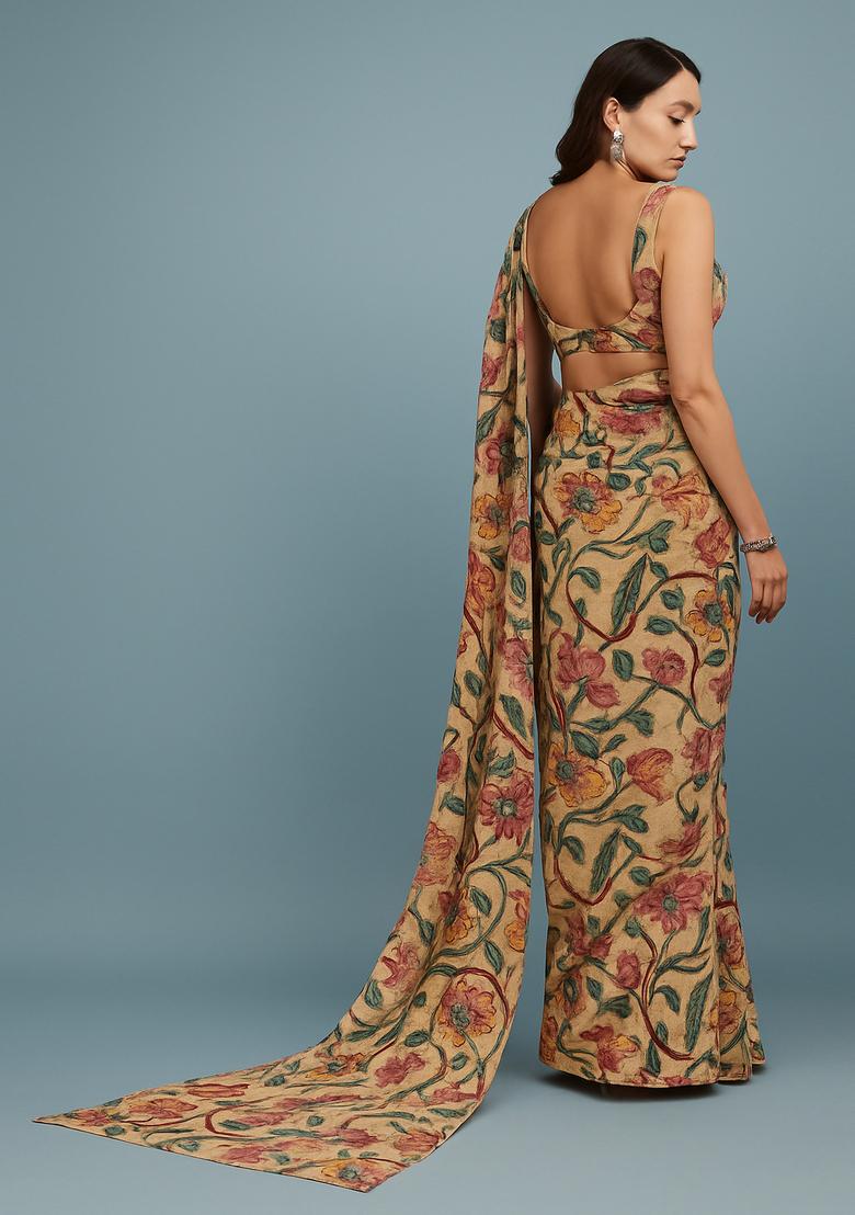 Beige Printed Pre Draped Saree Set