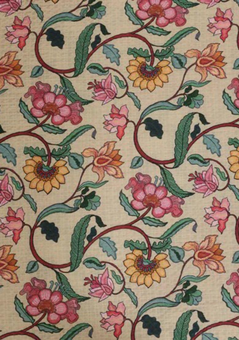 Beige Printed Pre Draped Saree Set