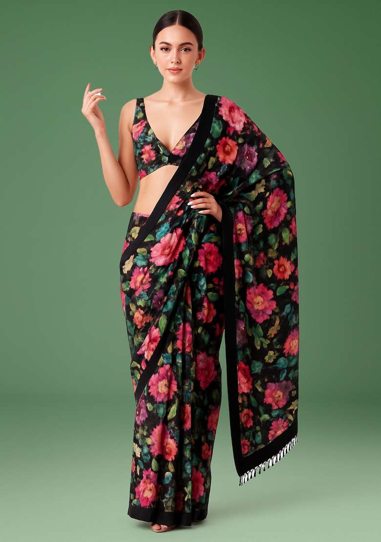 Black Printed Satin Pre Draped Saree Set - Indya