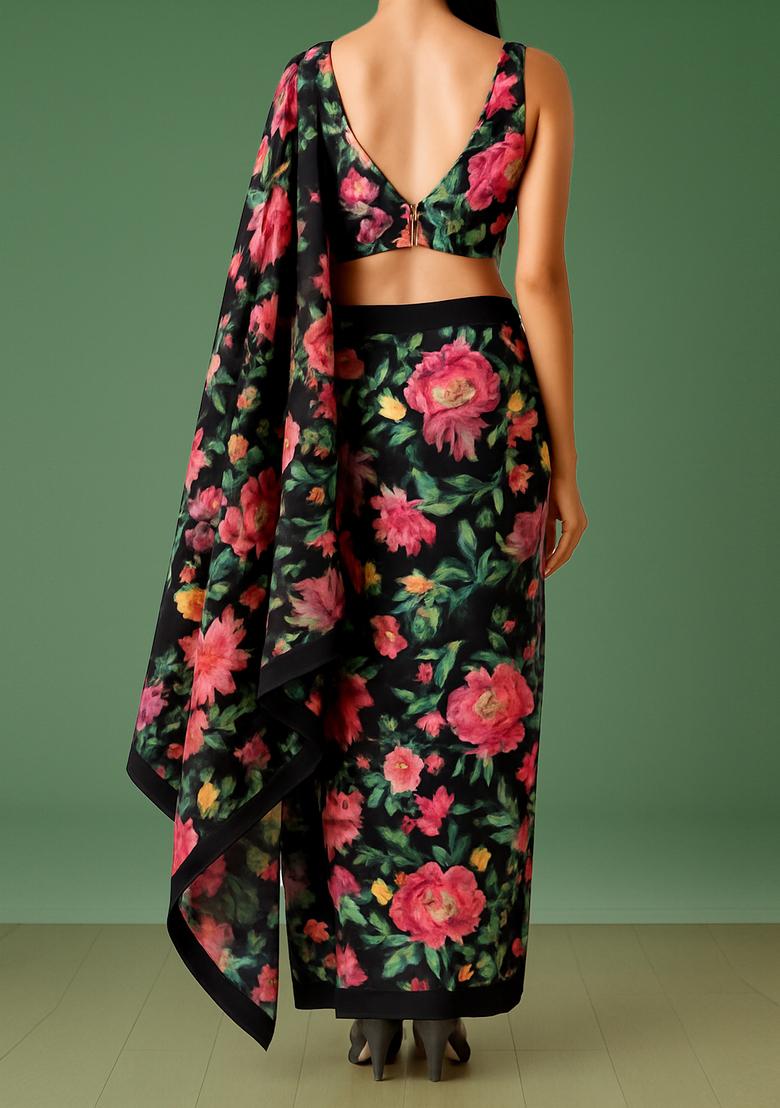 Black Printed Satin Pre Draped Saree Set - Indya