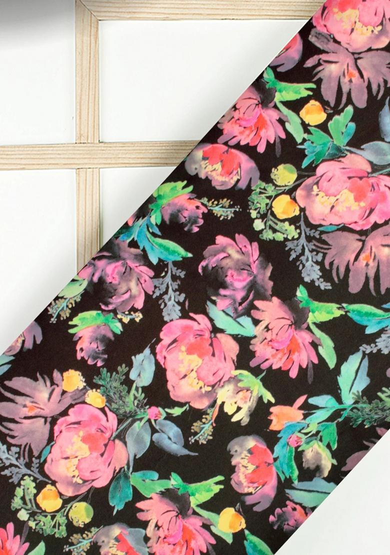 Black Printed Satin Pre Draped Saree Set - Indya