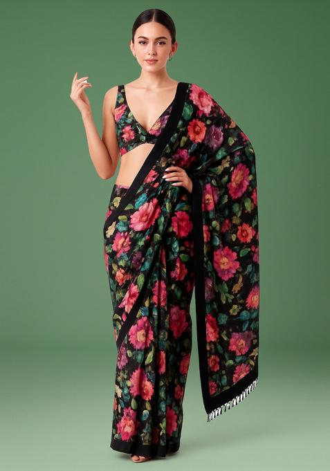 Black Printed Satin Pre Draped Saree Set