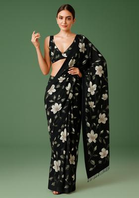 Black Printed Crepe Pre Draped Saree Set