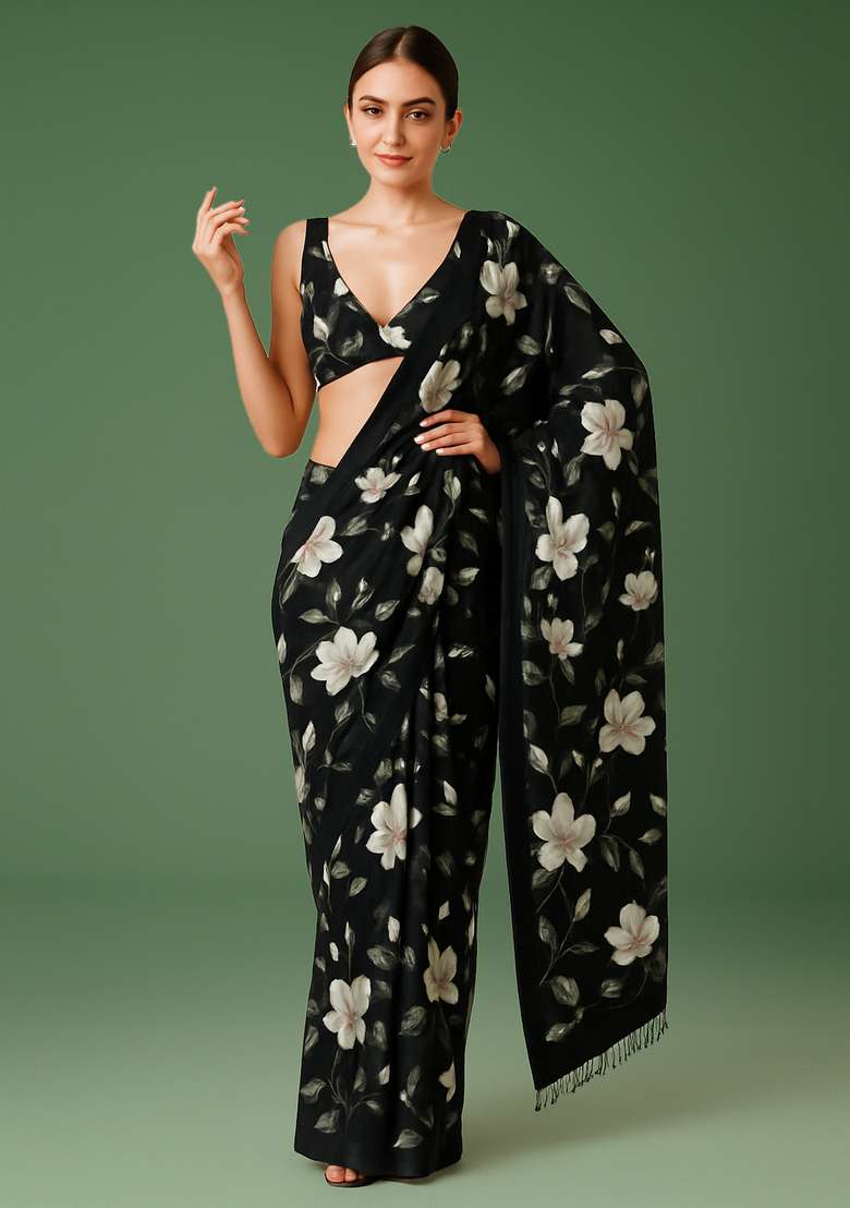 Black Printed Crepe Pre Draped Saree Set - Indya