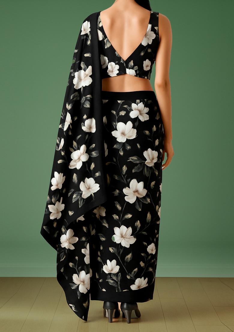 Black Printed Crepe Pre Draped Saree Set - Indya