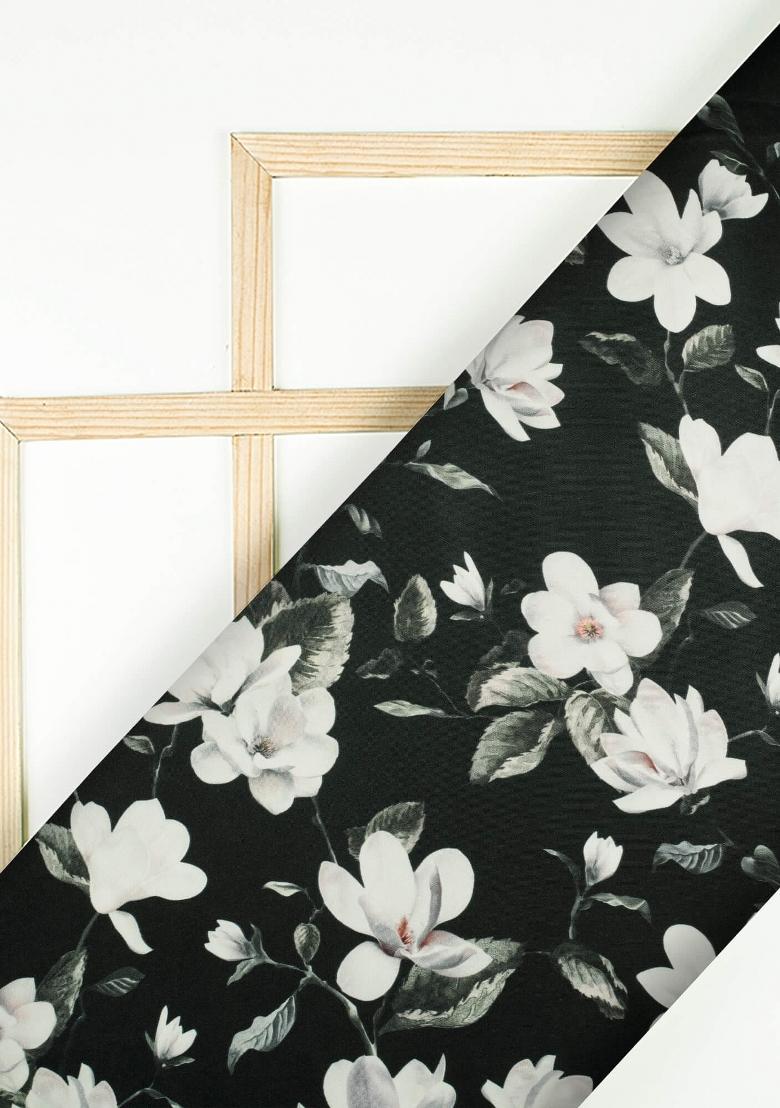 Black Printed Crepe Pre Draped Saree Set - Indya