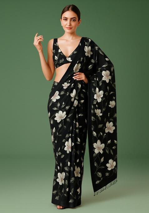 Black Printed Crepe Pre Draped Saree Set