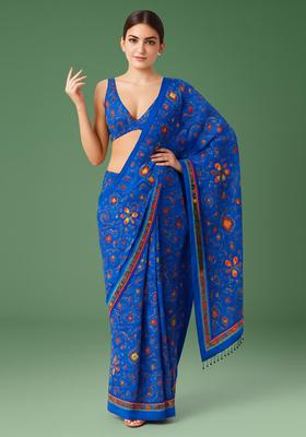 Blue Printed Satin Pre Draped Saree Set
