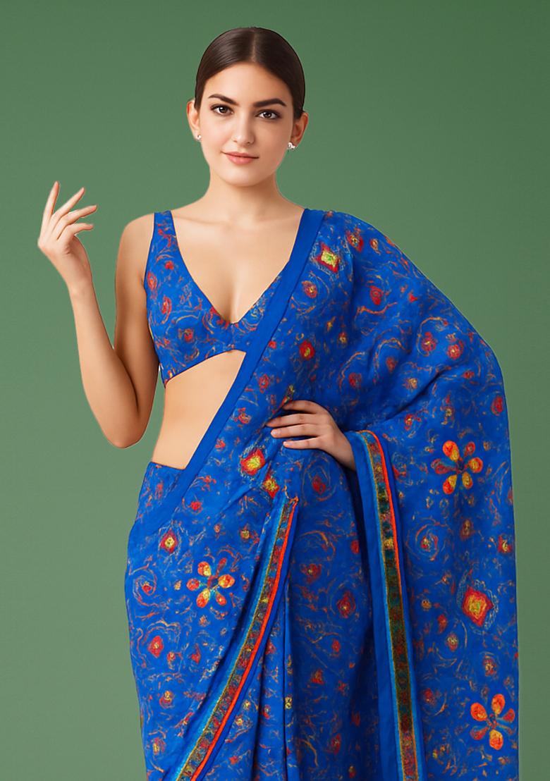 Blue Printed Satin Pre Draped Saree Set - Indya