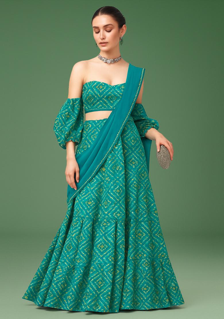 Green Printed Satin Lehenga Set