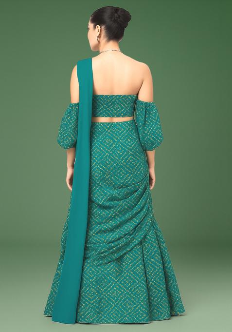 Green Printed Satin Lehenga Set