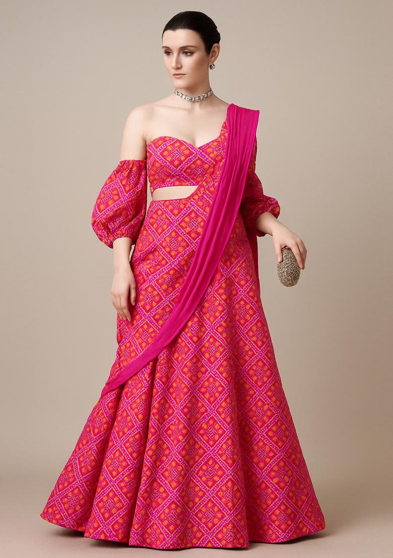 Hot Pink Printed Satin Lehenga Set
