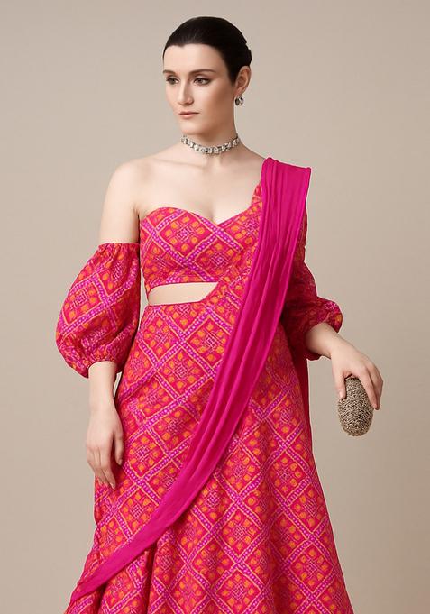Hot Pink Printed Satin Lehenga Set