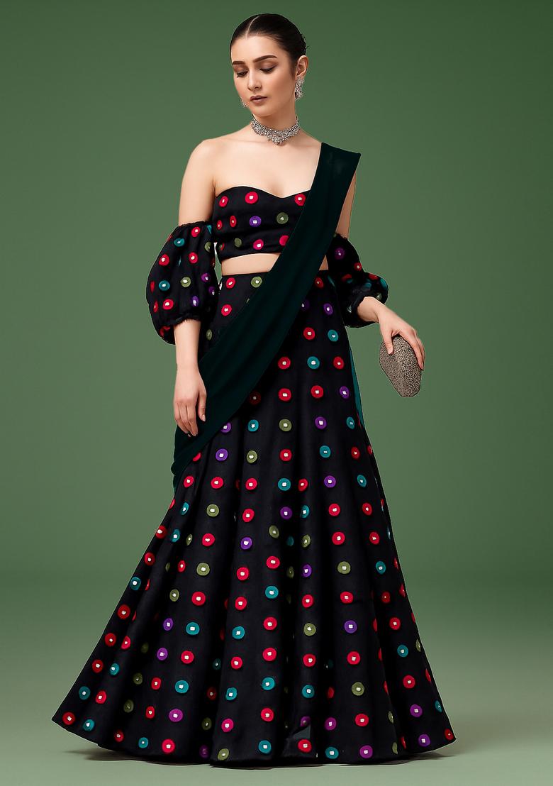 Black Printed Satin Lehenga Set