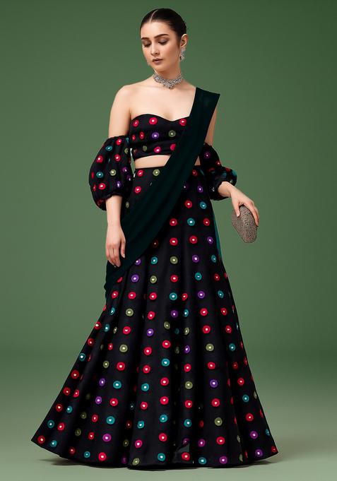 Black Printed Satin Lehenga Set