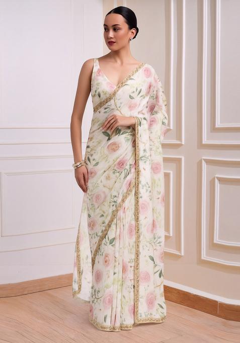 White Printed Organza Pre Draped Saree