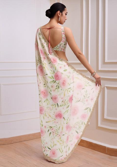 White Printed Organza Pre Draped Saree