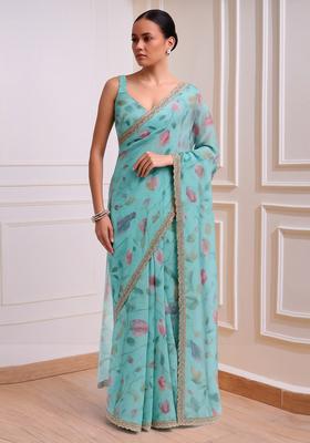 Blue Printed Organza Pre Draped Saree Set