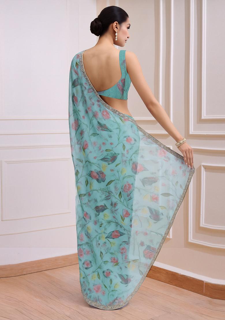 Blue Printed Organza Pre Draped Saree Set - Indya