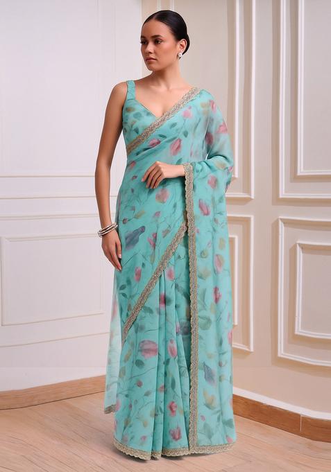 Blue Printed Organza Pre Draped Saree Set