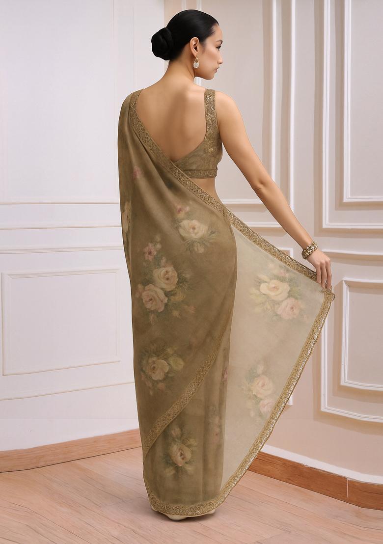 Brown Printed Organza Pre Draped Saree Set - Indya