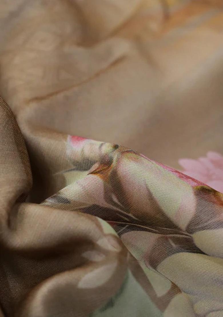 Brown Printed Organza Pre Draped Saree Set