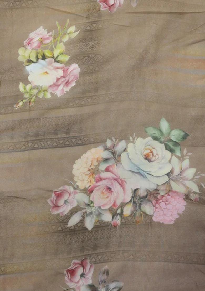 Brown Printed Organza Pre Draped Saree Set - Indya