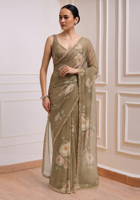 Brown Printed Organza Pre Draped Saree Set