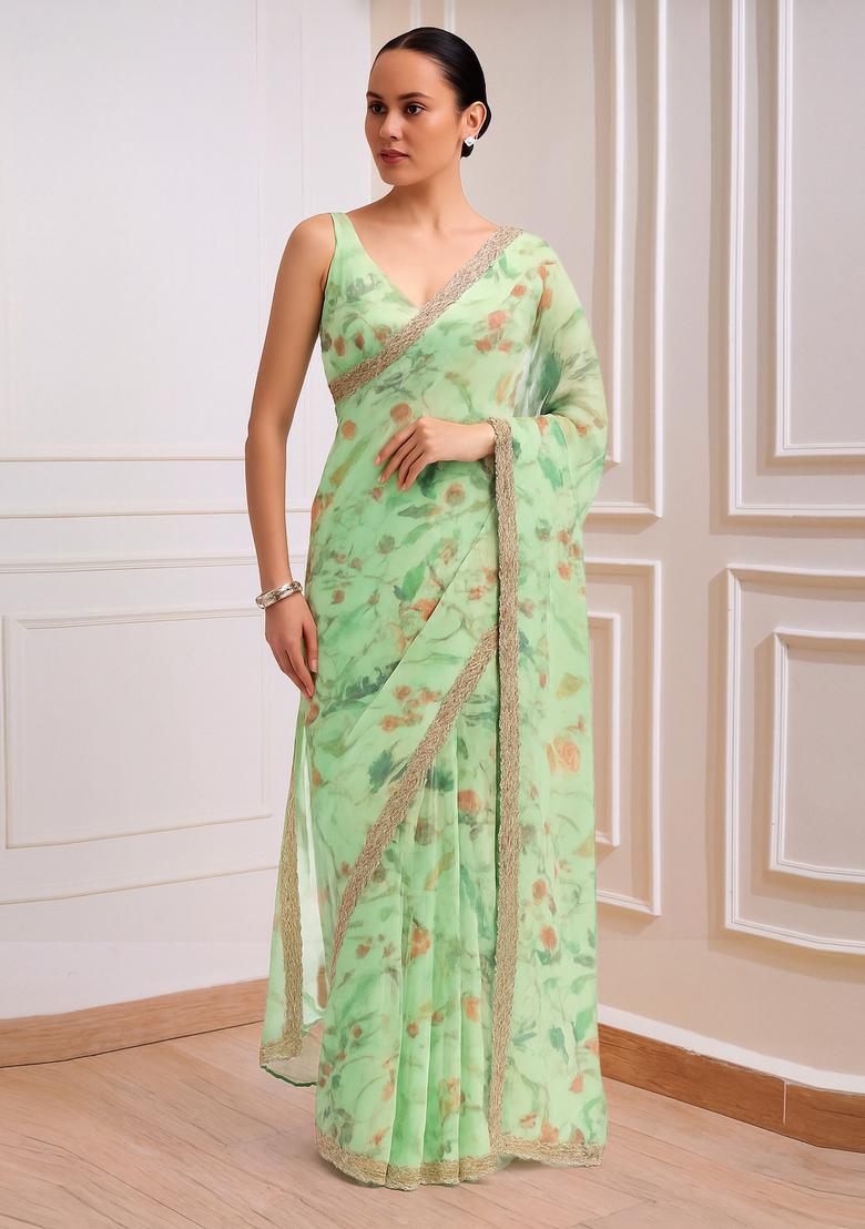 Green Printed Organza Pre Draped Saree Set