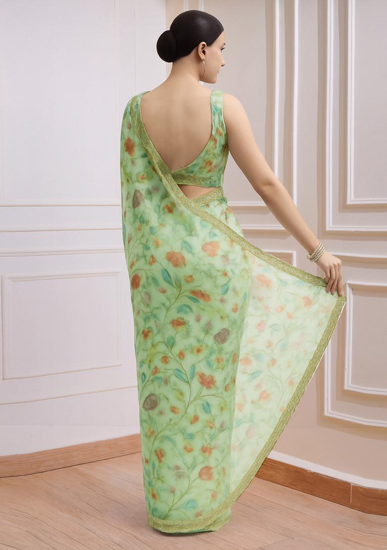 Green Printed Organza Pre Draped Saree Set