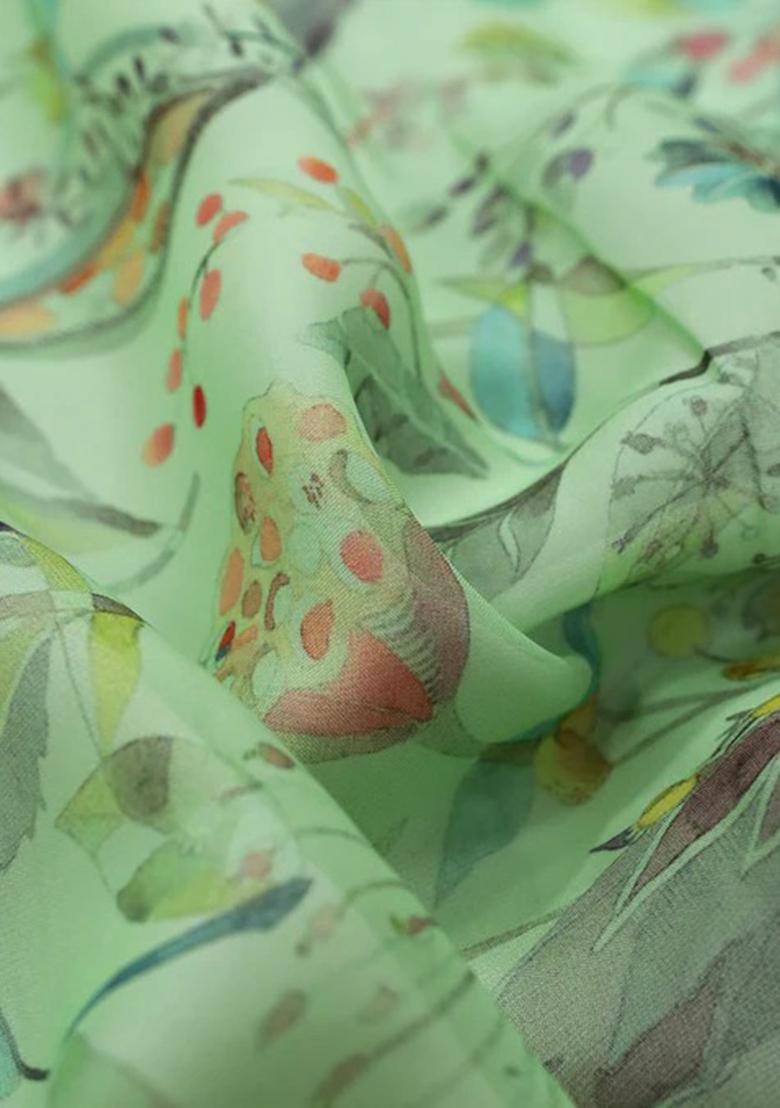 Green Printed Organza Pre Draped Saree Set