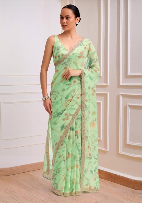 Green Printed Organza Pre Draped Saree Set