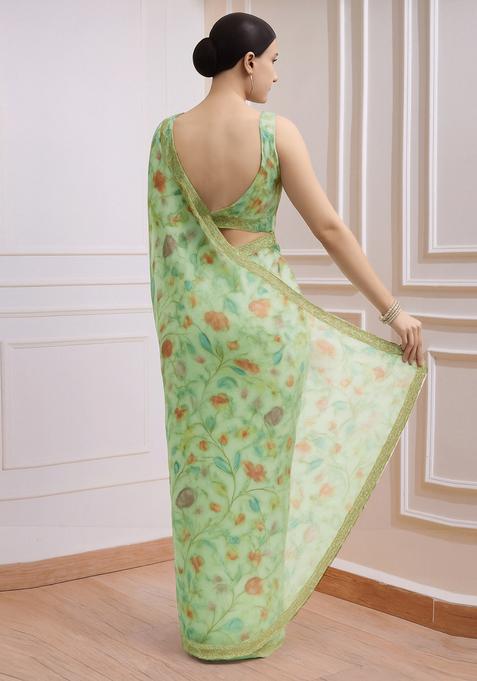 Green Printed Organza Pre Draped Saree Set