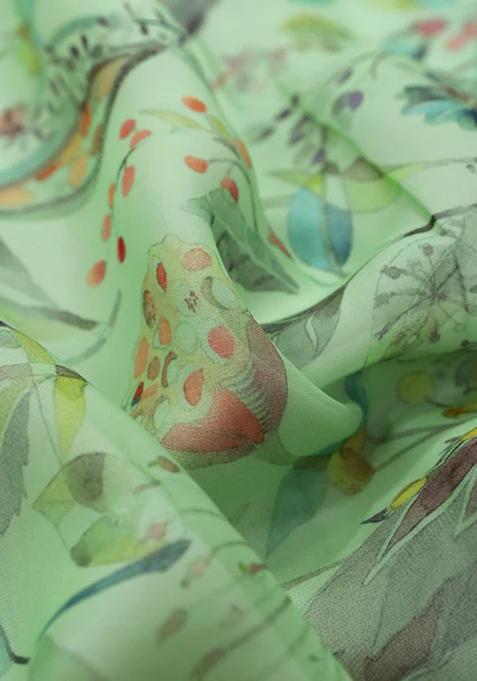 Green Printed Organza Pre Draped Saree Set