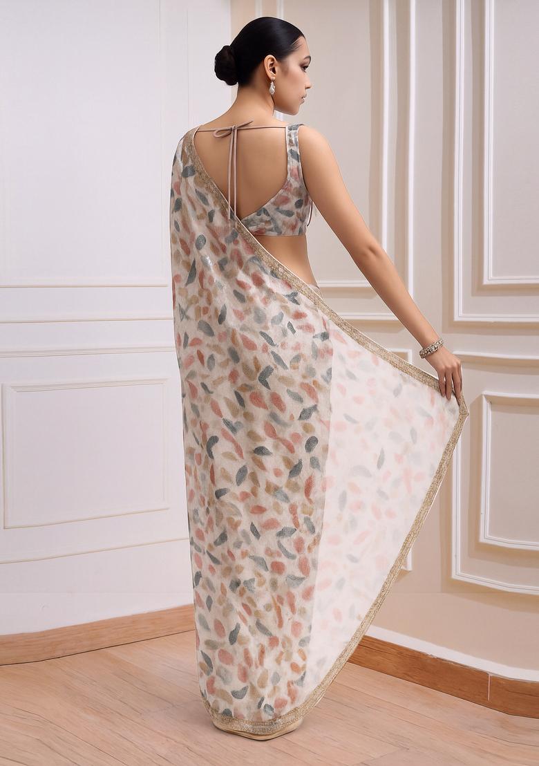 Pink Printed Organza Pre Draped Saree Set - Indya