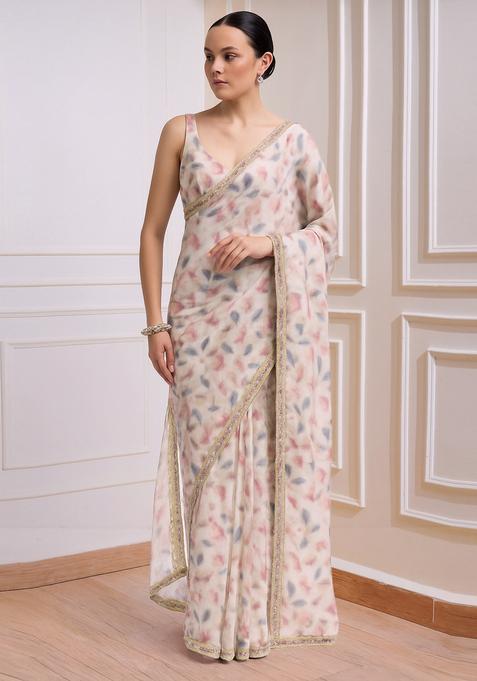 Pink Printed Organza Pre Draped Saree Set