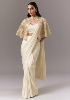 White Embroidered Georgette Pre Draped Saree Set