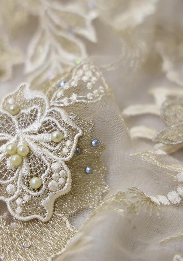 White Embroidered Georgette Pre Draped Saree Set - Indya