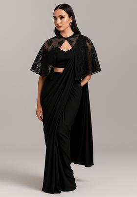 Black Embroidered Blouse Georgette Pre Draped Saree Set