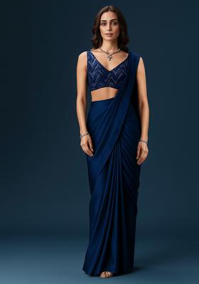 Blue Embroidered Blouse Georgette Pre Draped Saree Set