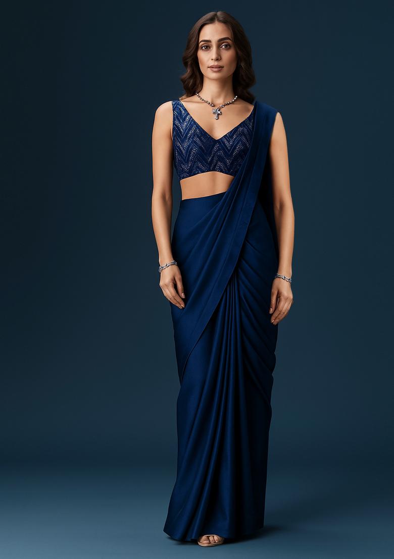 Blue Embroidered Blouse Georgette Pre Draped Saree Set
